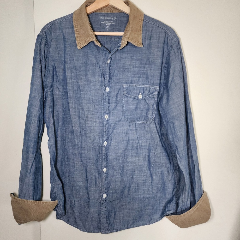 Save Khaki United Button Down Mens L Blue Rugged Corduroy Collar Chambray USA